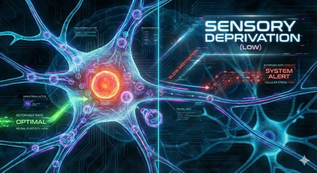 lustración de estilo biohacker dividida en dos paneles. A la izquierda, una neurona con alta estimulación sensorial muestra una autofagia "OPTIMAL". A la derecha, una neurona con privación sensorial muestra una autofagia reducida y una alerta de "SYSTEM ALERT" y "CELLULAR STRESS: HIGH"