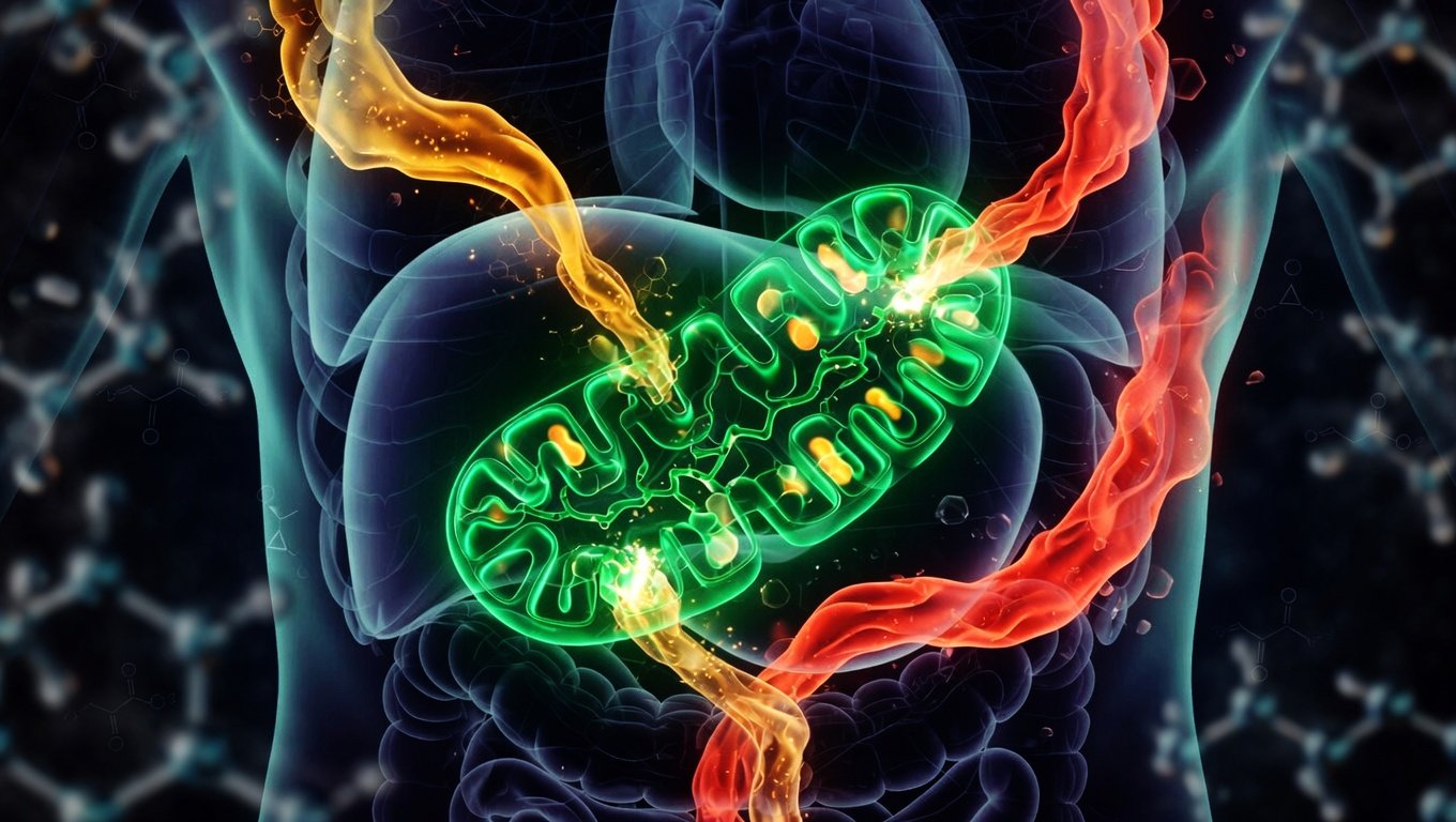 Ilustración editorial de sección anatómica translúcida con red mitocondrial esmeralda verde pulsante y dos flujos de combustible —glucosa amber y ácidos grasos coral— convergiendo en clusters mitocondriales sobre fondo azul profundo.
