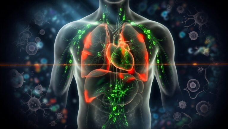 Ilustración editorial de torso humano translúcido en fondo azul profundo con red inflamatoria esmeralda verde pulsante y brillo coral suave en interfaces tisulares, cruzada por una línea amber horizontal que sugiere el eje de medición.