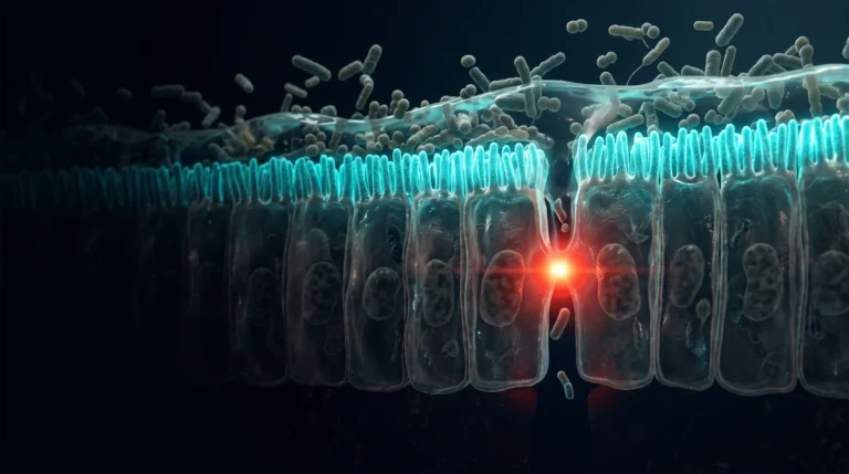 Ilustración de la barrera intestinal a escala microscópica, con su capa de moco, el epitelio de una sola célula de grosor y una unión estrecha abierta.