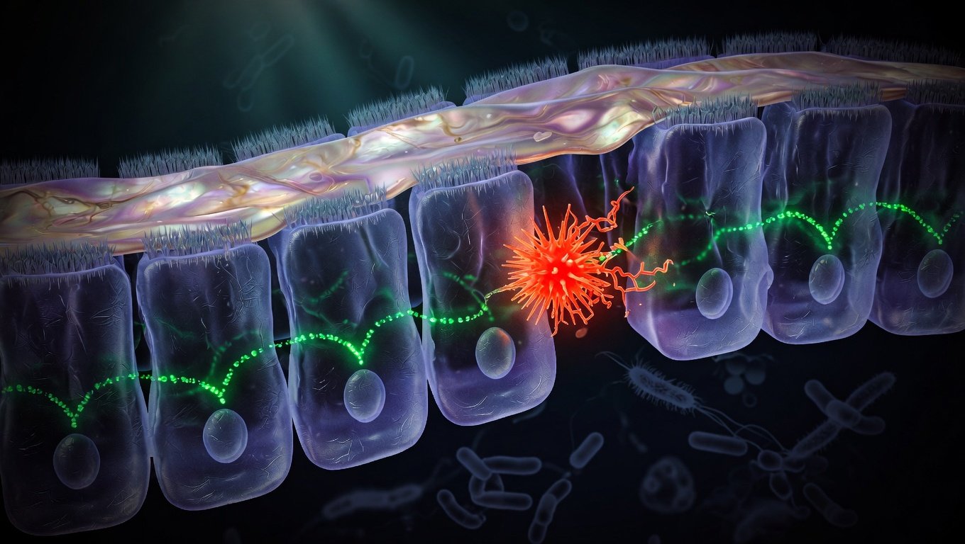 Ilustración editorial de sección translúcida de pared intestinal con enterocitos conectados por tight junctions verde esmeralda, molécula LPS coral cruzando una unión comprometida, sobre fondo azul profundo.