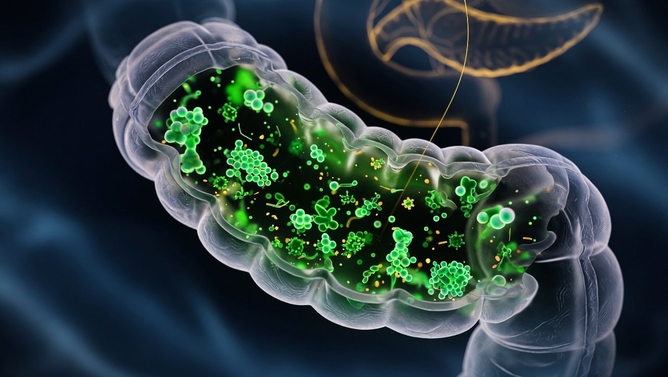 Ilustración editorial de sección translúcida de colon humano con ecosistema microbiano verde esmeralda pulsante, hilos de señalización endocrina amber conectando a órganos distantes, sobre fondo azul profundo.