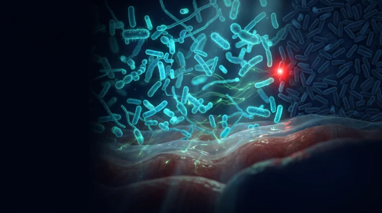 Ilustración de la microbiota intestinal como ecosistema, con una comunidad diversa que emite señales químicas y una zona empobrecida donde la diversidad colapsa.