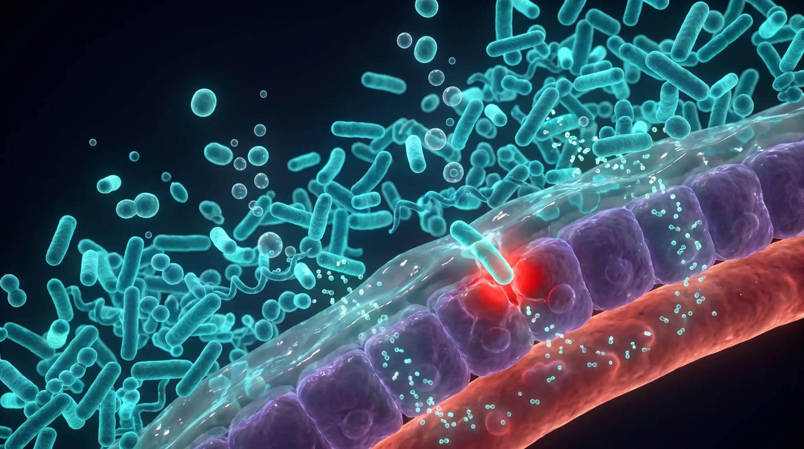 Ilustración de la microbiota intestinal sobre la capa de moco del colon, con bacterias y arqueas liberando ácidos grasos de cadena corta hacia el epitelio y un capilar.