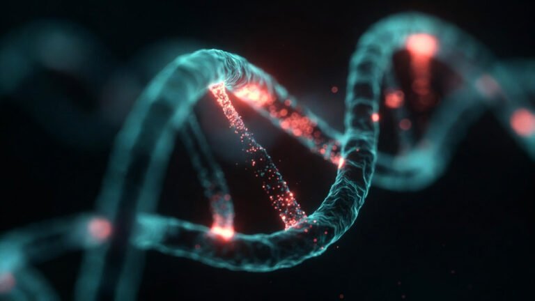 Representación molecular de fotobiomodulación — helix peptídica absorbiendo luz roja e infrarroja cercana sobre fondo negro