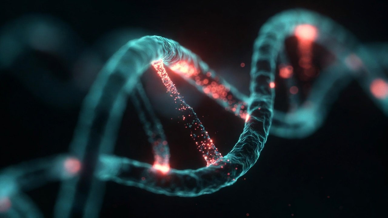 Representación molecular de fotobiomodulación — helix peptídica absorbiendo luz roja e infrarroja cercana sobre fondo negro