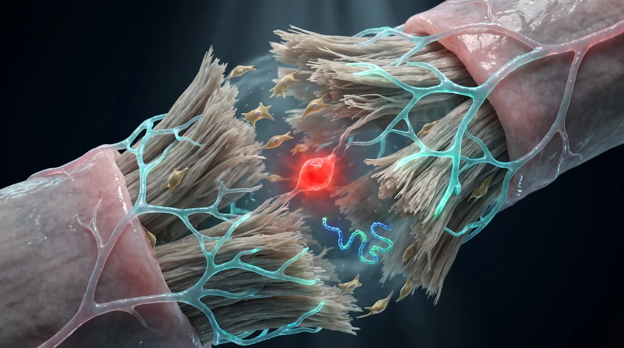 Ilustración molecular de angiogénesis y migración de fibroblastos en un tendón roto, que representa el mecanismo atribuido al BPC-157.