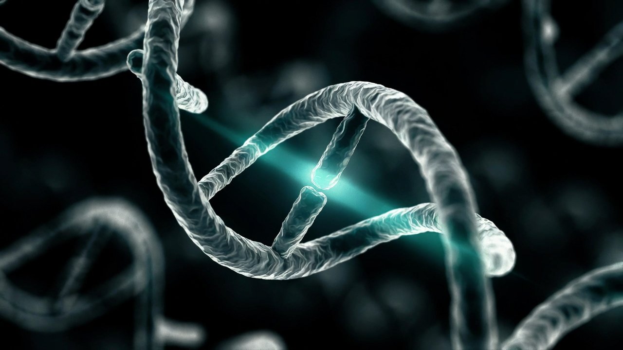 Cadena peptidica de NA-Selank con glow teal sobre fondo negro — KRECE Precision Longevity