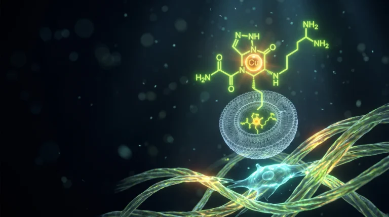 Tripéptido GHK-Cu con ión de cobre encapsulado en una vesícula liposomal sobre matriz de colágeno en reparación.