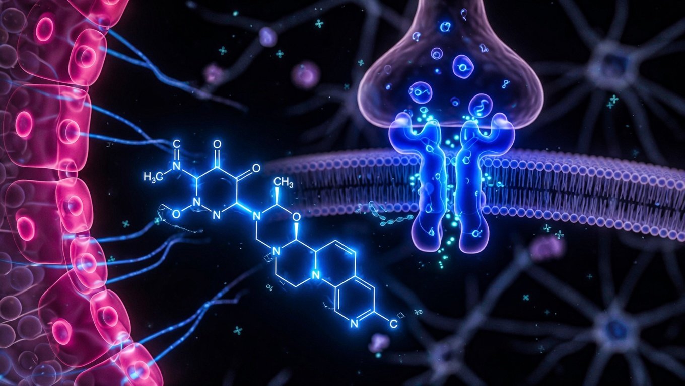 Cadena peptídica NA-Selank con grupo acetilo y receptor GABA-A en glow azul sobre fondo negro — KRECE Precision Longevity