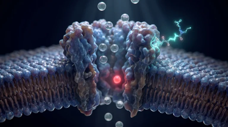 Ilustración molecular de un heptapéptido modulando un receptor GABA-A sin ocupar su sitio central, que representa el mecanismo del NA-Selank y el selank.