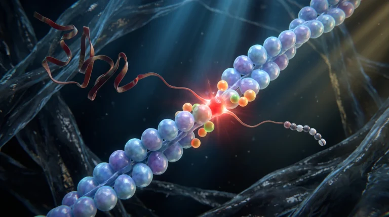 Ilustración molecular de un fragmento de siete aminoácidos junto a la proteína completa ante un filamento de actina, que representa qué es el TB-500.