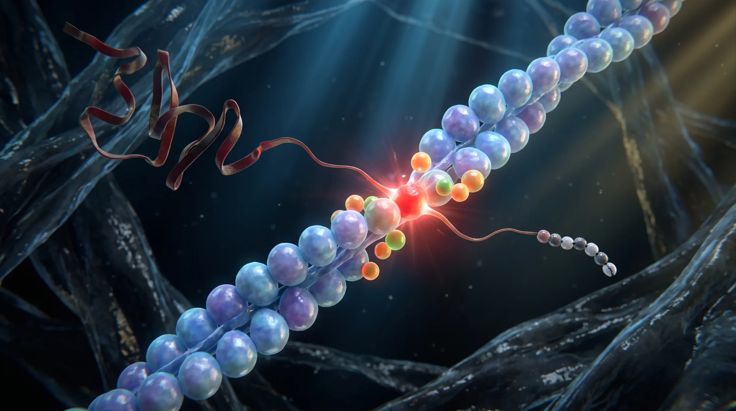 Ilustración molecular de un fragmento de siete aminoácidos junto a la proteína completa ante un filamento de actina, que representa qué es el TB-500.