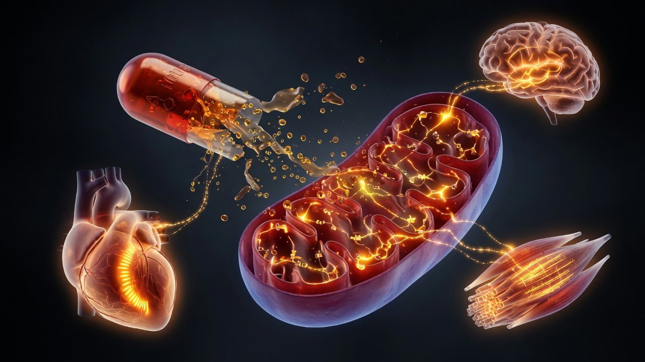 Protocolo de dosificación de CoQ10 por indicación clínica con escala de evidencia sobre fondo oscuro
