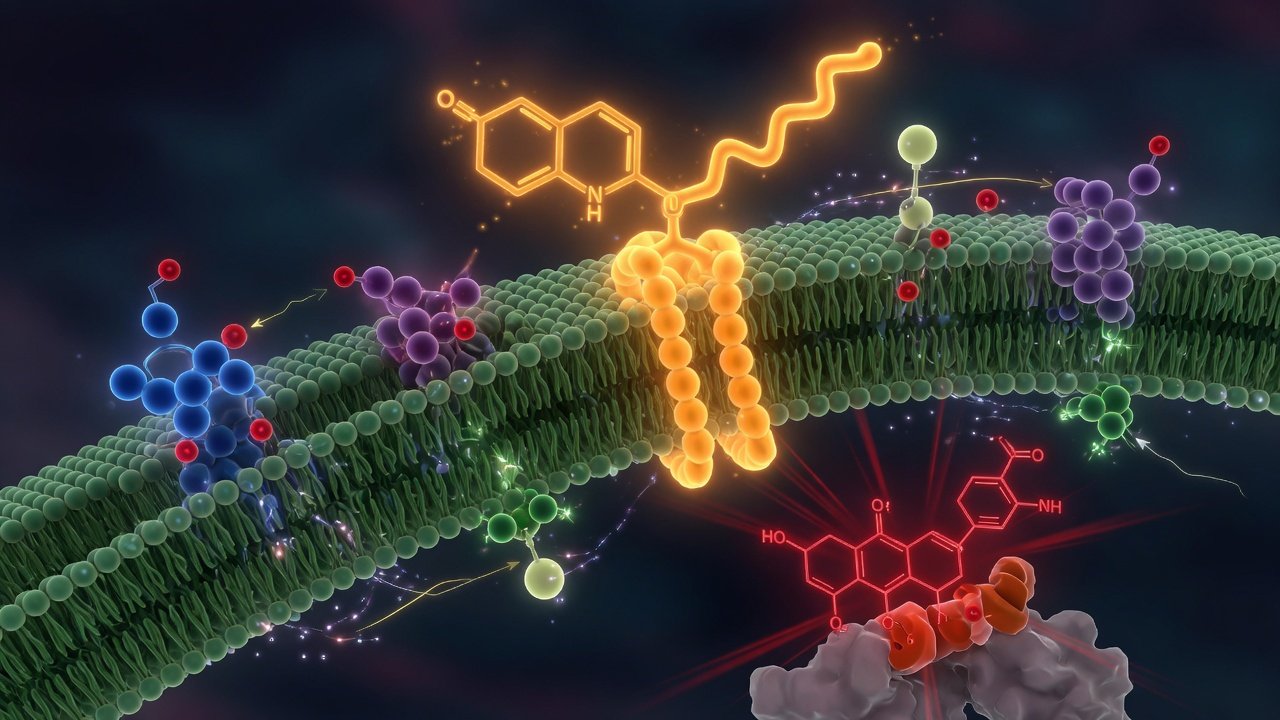 Representación molecular de CoQ10 ubiquinol en membrana mitocondrial con cadena de transporte de electrones sobre fondo oscuro