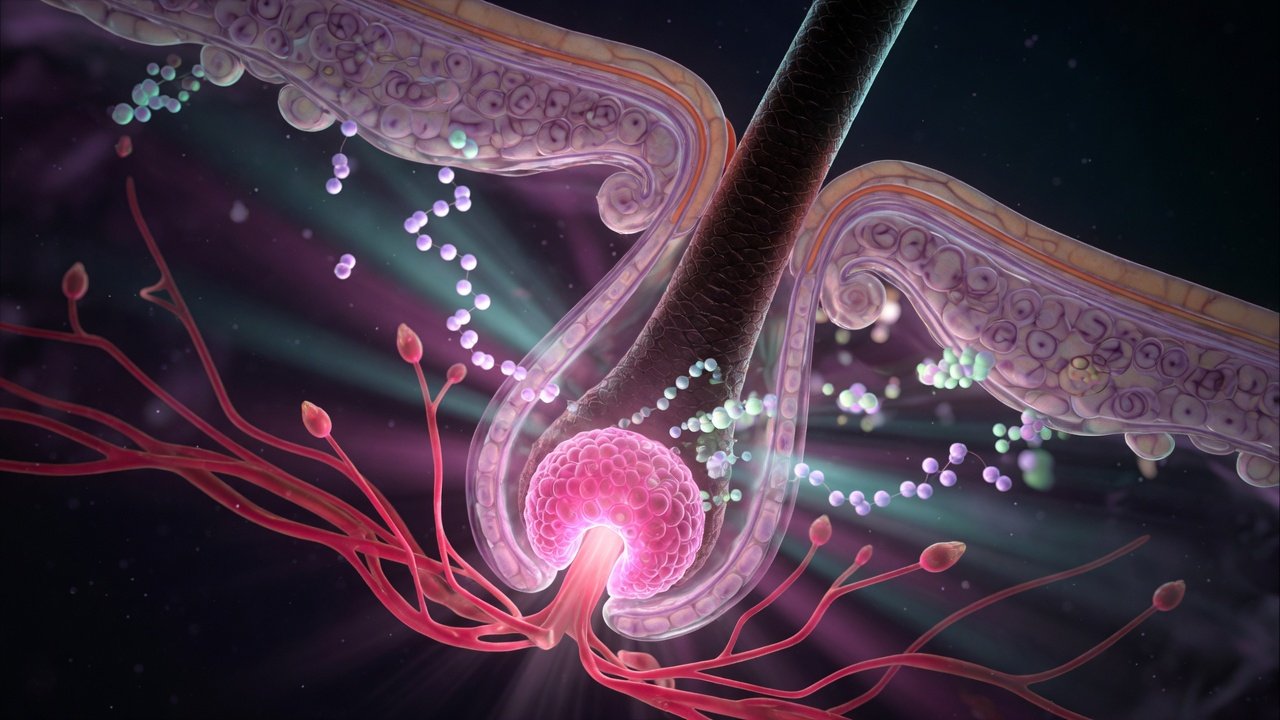 Folículo piloso con vascularización activa y vaina dérmica en tonos rosa sobre fondo oscuro