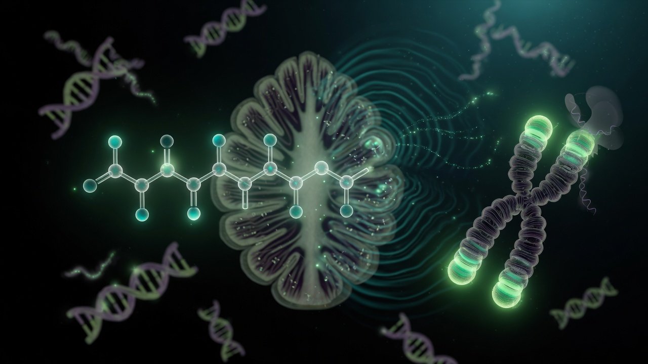 Estructura molecular del tetrapéptido Epithalon (AEDG) con representación de la glándula pineal y telómeros cromosómicos