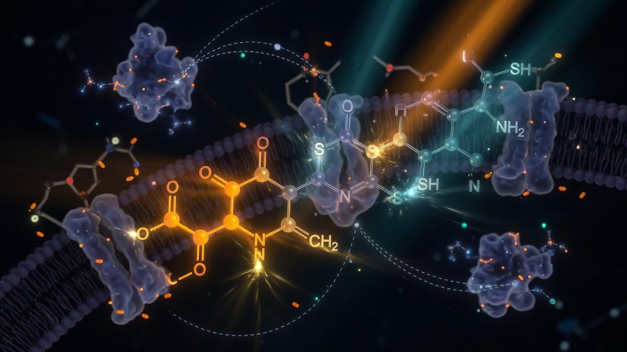 Molécula de N-acetilcisteína sobre fondo oscuro con representación de la síntesis de glutatión y función mitocondrial