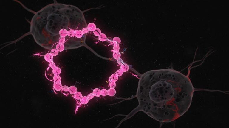 Scientific molecular visualization of a cyclic peptide structure, deep black void background, hot pink (#D4709A) bioluminescent glow but fractured and unstable-looking, subtle melanocyte cells in background with warning red undertones, clean minimalist composition, no text, cinematic lighting, 16:9 aspect ratio