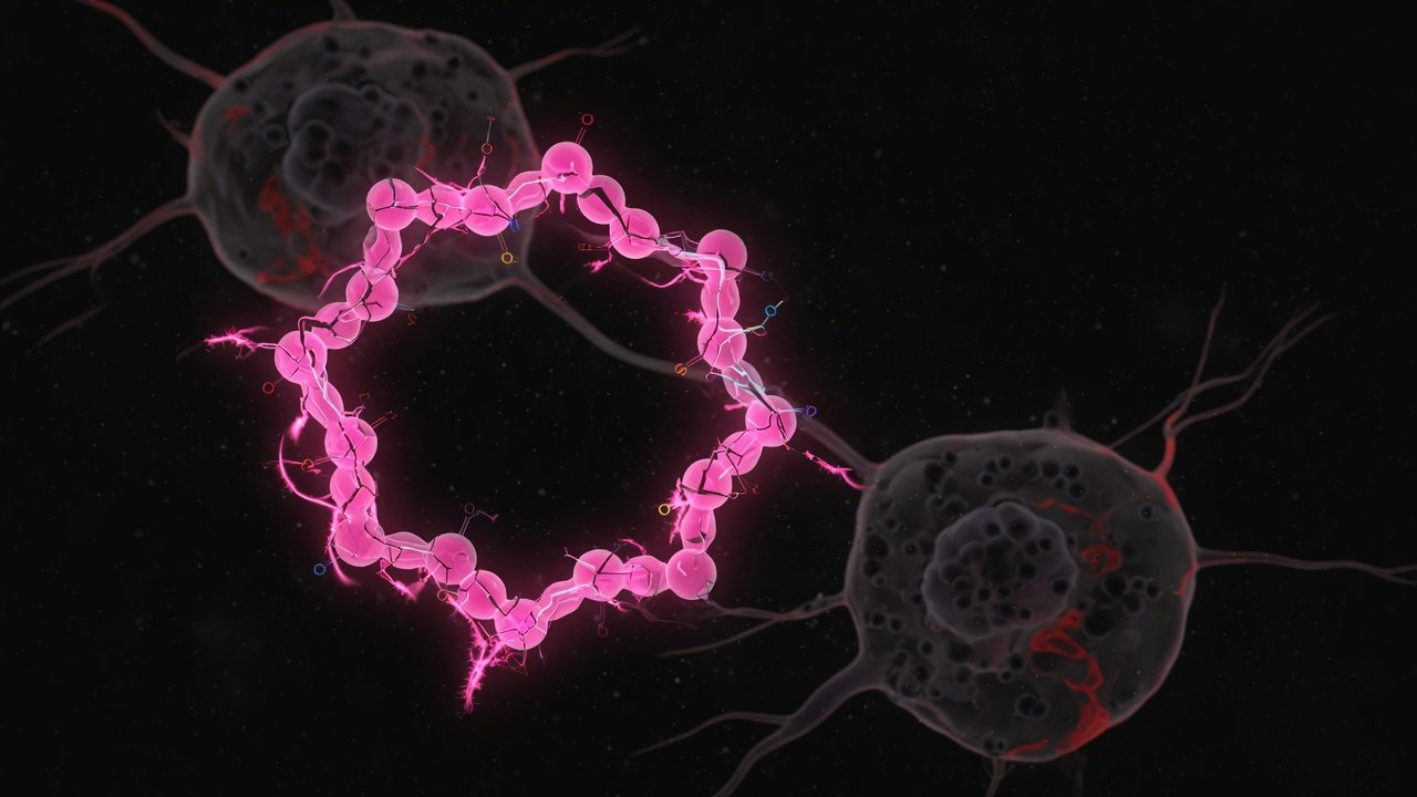 Scientific molecular visualization of a cyclic peptide structure, deep black void background, hot pink (#D4709A) bioluminescent glow but fractured and unstable-looking, subtle melanocyte cells in background with warning red undertones, clean minimalist composition, no text, cinematic lighting, 16:9 aspect ratio
