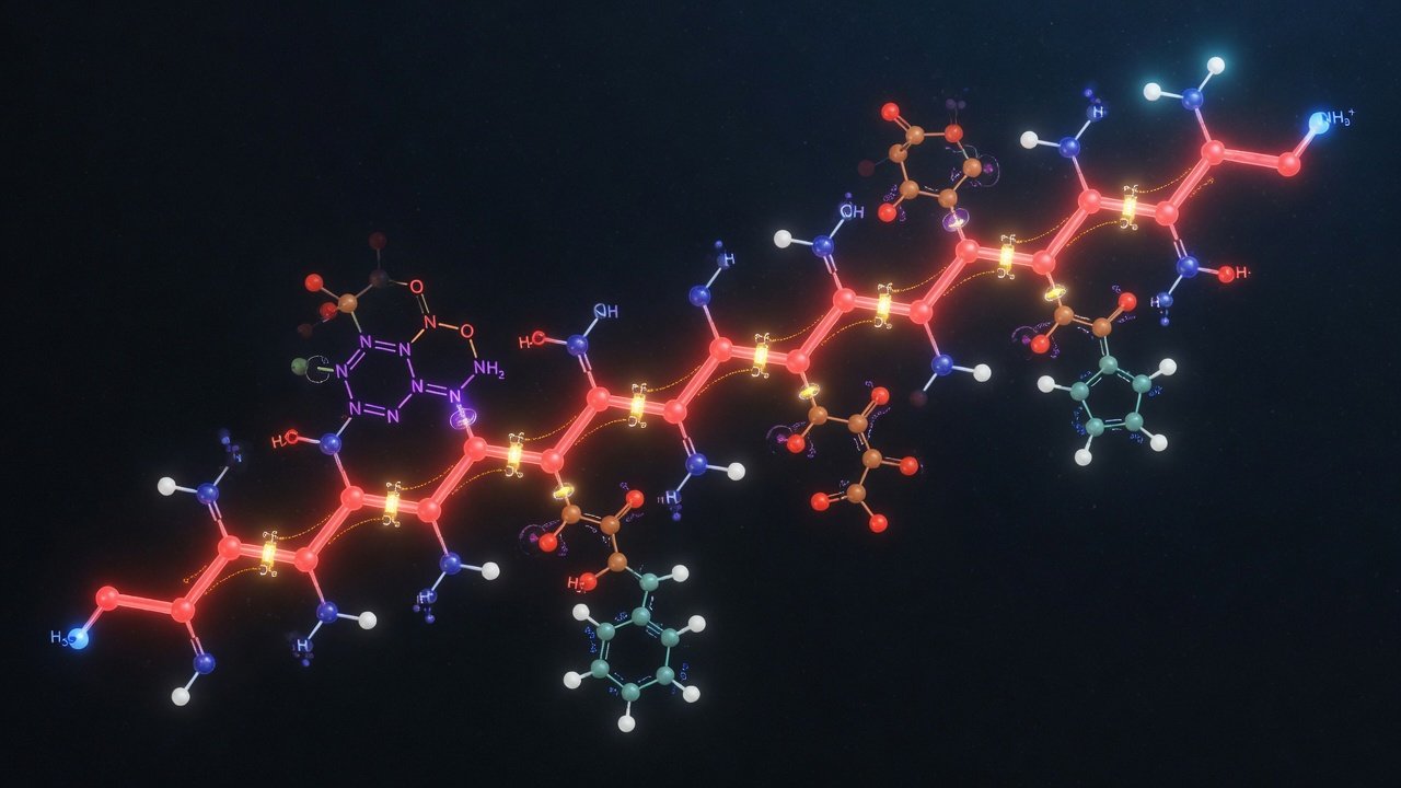 Estructura molecular de péptido terapéutico con enlaces peptídicos señalizados sobre fondo oscuro