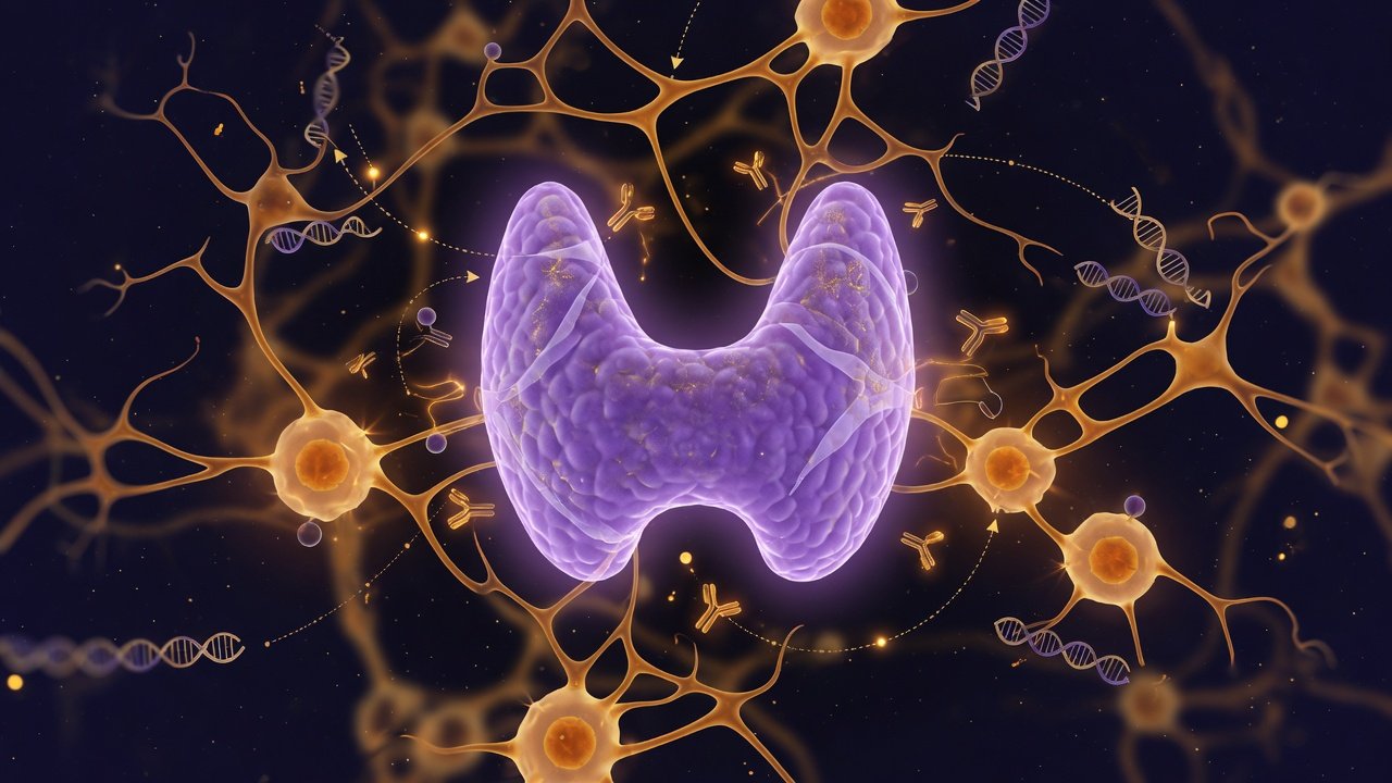 Representación abstracta de la glándula tiroides con redes inmunitarias en tonos púrpura y dorado
