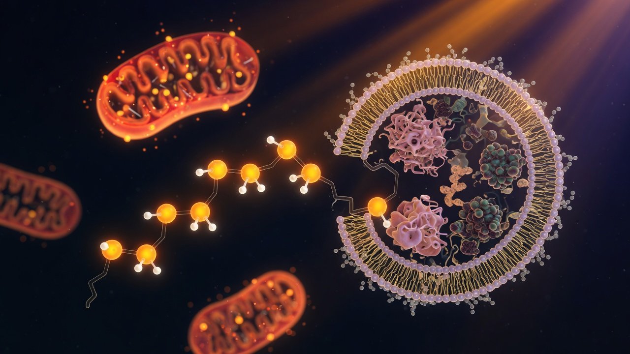 Molécula de espermidina sobre fondo oscuro con representación de autofagosoma y membrana mitocondrial
