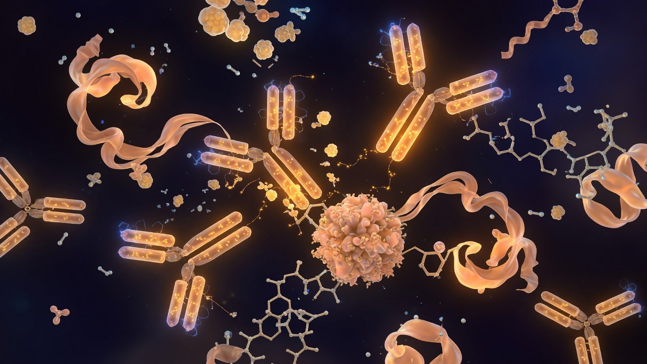 Representación molecular del calostro bovino con inmunoglobulinas y factores de crecimiento sobre fondo oscuro