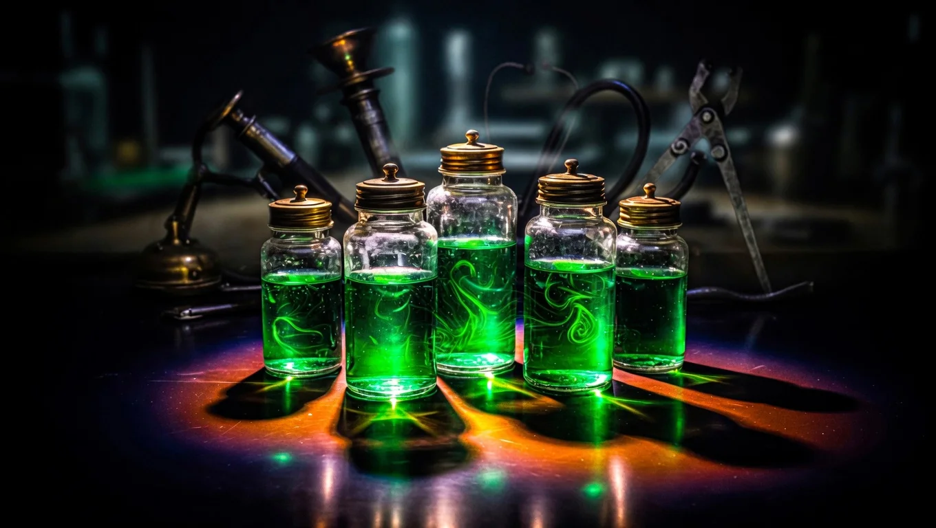 Cinco frascos apotecarios de vidrio con líquido emerald-green luminoso sobre fondo negro — metáfora visual del panel de carga alostática de 5 biomarcadores