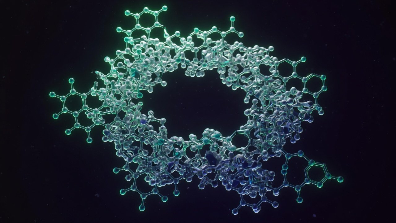 Estructura molecular de rapamicina sobre fondo oscuro con detalles en verde esmeralda