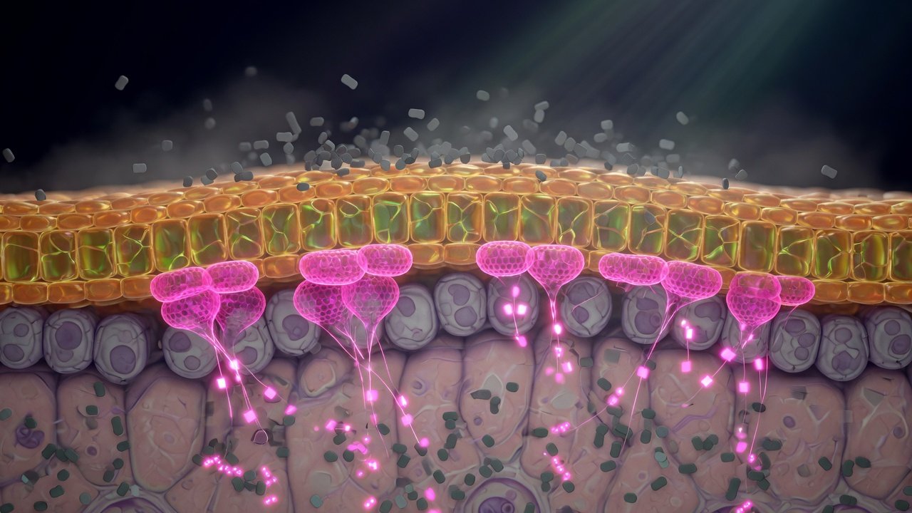 Representación de un liposoma encapsulando un péptido atravesando la barrera epidérmica en tonos rosa sobre fondo oscuro