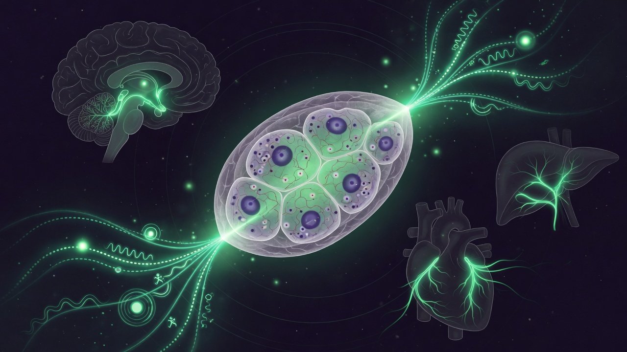 Glándula pineal humana con señales circadianas irradiando melatonina hacia órganos periféricos en fondo oscuro