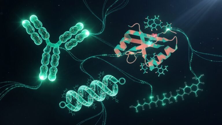 Diagrama molecular de los componentes bioactivos del calostro bovino: IGF-1, lactoferrina e inmunoglobulinas sobre fondo oscuro
