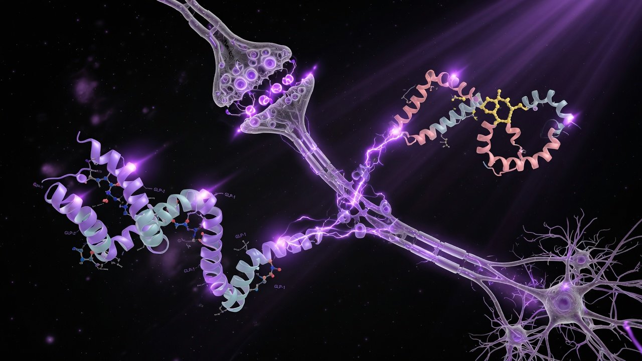 Estructura molecular de CagriSema sobre fondo negro con acento púrpura Metabolic Line — KRECE Precision Longevity