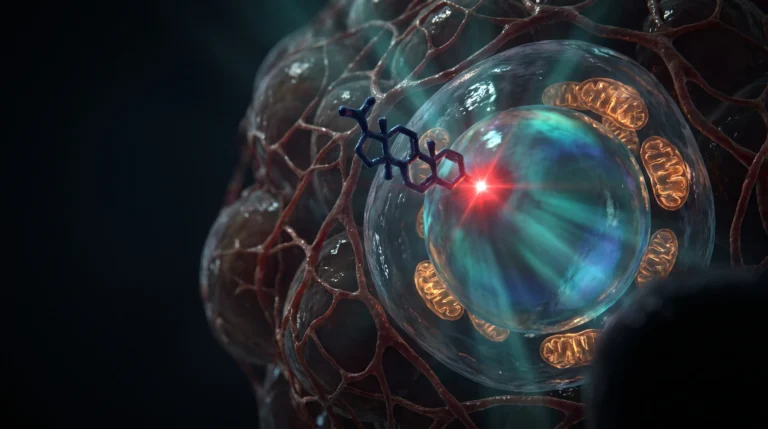 Ilustración molecular del cortisol crónico entrando en un adipocito visceral y activando su receptor nuclear junto a la gota lipídica.