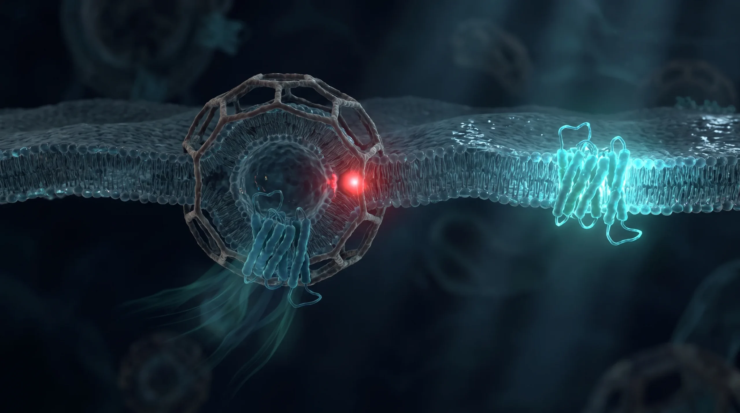 Ilustración molecular sobre el cycling de péptidos y la internalización del receptor de membrana tras estimulación agonista sostenida.