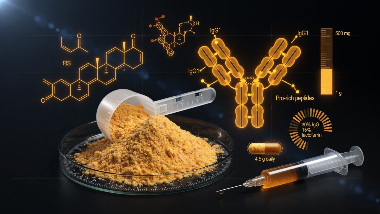 Protocolo clínico de calostro bovino con indicaciones y dosis sobre fondo oscuro