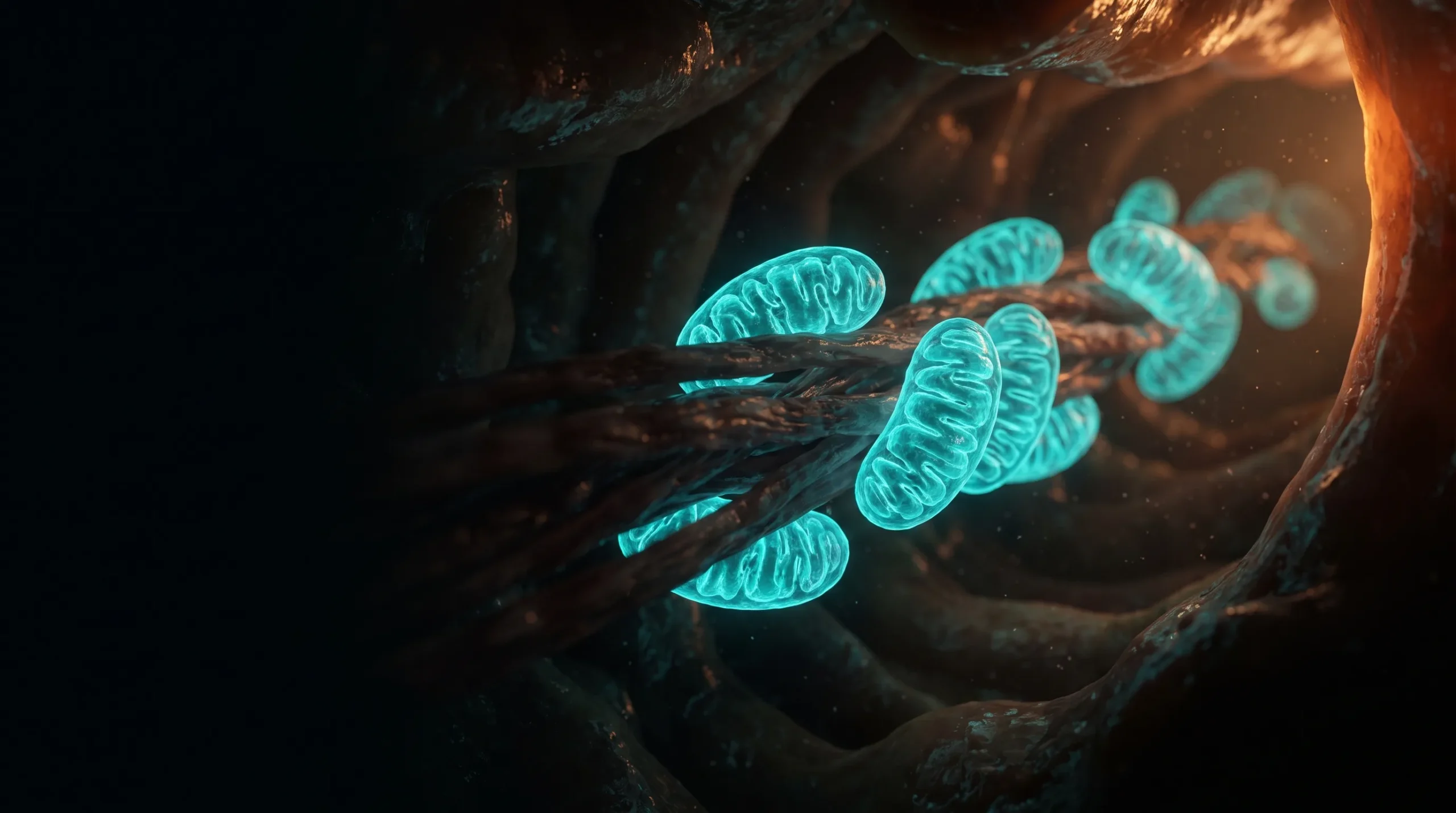 Mitocondrias iluminadas dentro de una fibra muscular, que ilustran la dificultad de medir la función mitocondrial en un adulto sano.
