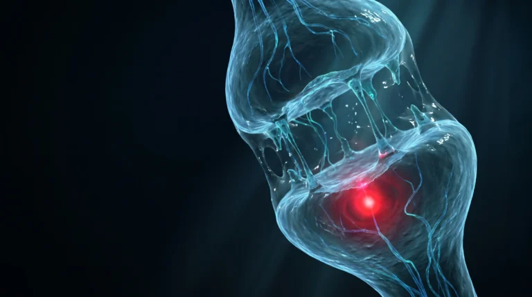 Ilustración microscópica de una sinapsis neuronal en formación con filamentos de luz azul y un nodo rojo de alerta, que representa el mecanismo propuesto de la dihexa sobre HGF y c-Met.