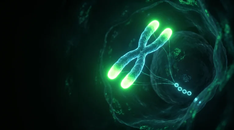 Un cromosoma con los extremos brillando en verde y una cadena peptídica de cuatro eslabones que se aproxima sobre un fondo oscuro, representando la acción propuesta del Epitalon sobre la telomerasa.