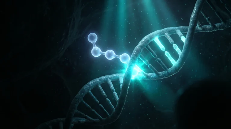 Una cadena peptídica de cuatro eslabones se acopla a una doble hélice de ADN que se ilumina, con tramos de genes que se encienden y se apagan, sobre un fondo oscuro.
