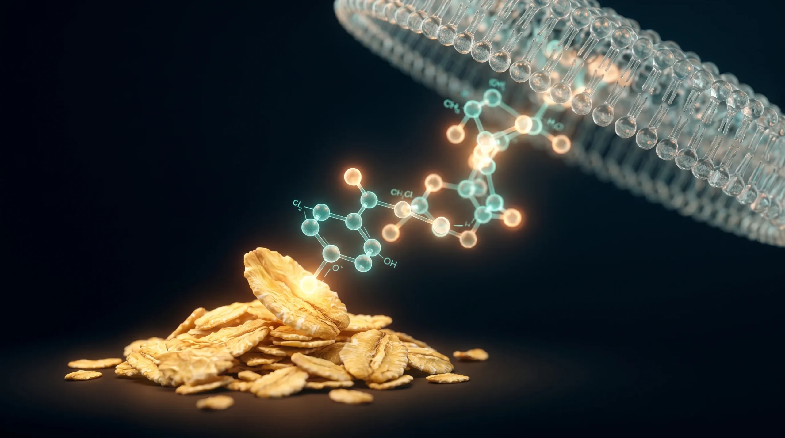 Ilustracion de germen de trigo con la estructura molecular de la espermidina elevandose sobre los copos, su fuente dietetica mas concentrada.