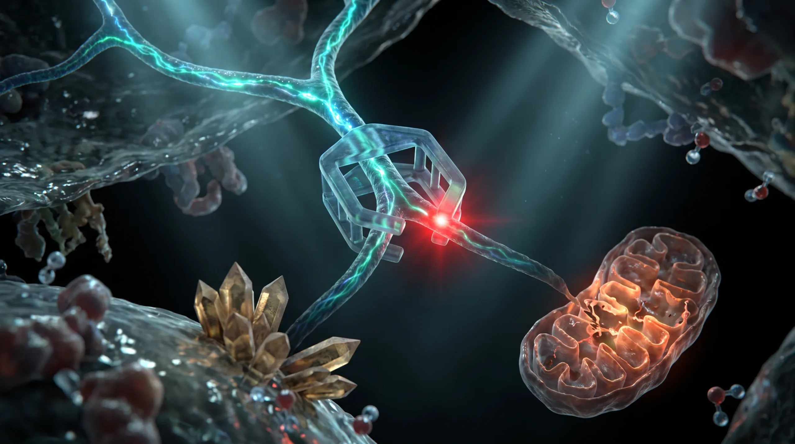 Ilustración molecular de la interacción entre estatinas y CoQ10, con la vía del mevalonato bloqueada y la producción mitocondrial debilitada.