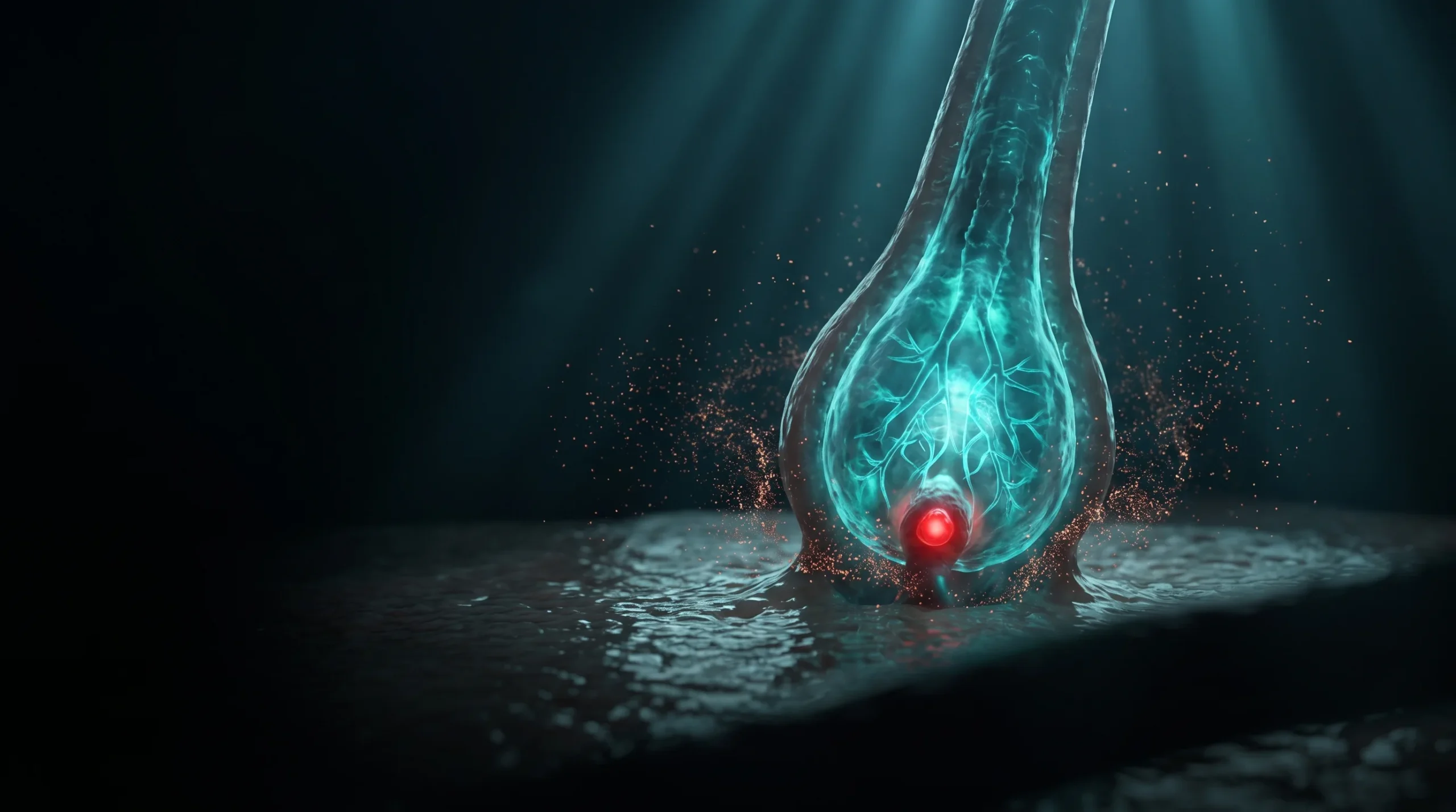 Corte microscópico de un folículo capilar con la papila dérmica iluminada y partículas de cobre alrededor, ilustrando la acción del péptido GHK-Cu en la alopecia.