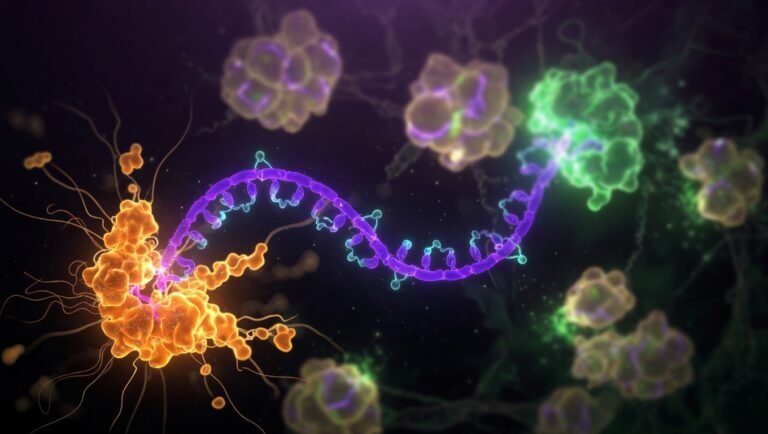 Estructura molecular de tirzepatida con receptores duales GIP y GLP-1 sobre fondo oscuro