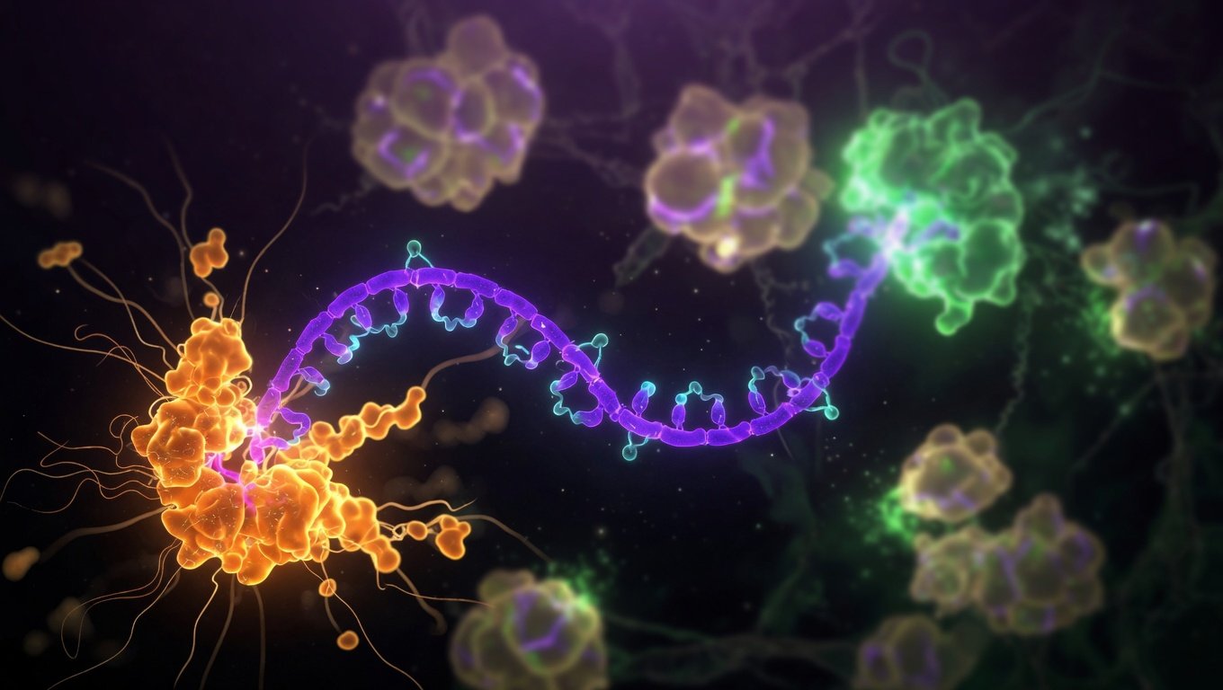 Estructura molecular de tirzepatida con receptores duales GIP y GLP-1 sobre fondo oscuro