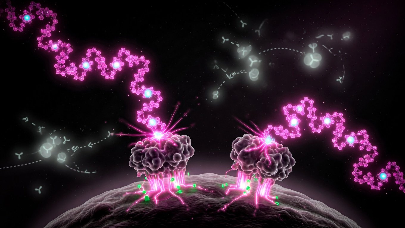 Complejo Matrixyl 3000 con dos péptidos palmitoilados con glow rosa sobre fondo negro — KRECE Precision Longevity
