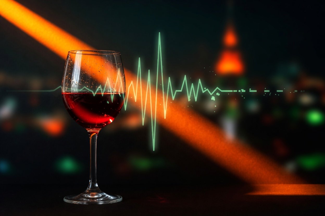 Copa de vino tinto sobre fondo oscuro con haz de luz ámbar bloqueando una señal de pulso muscular