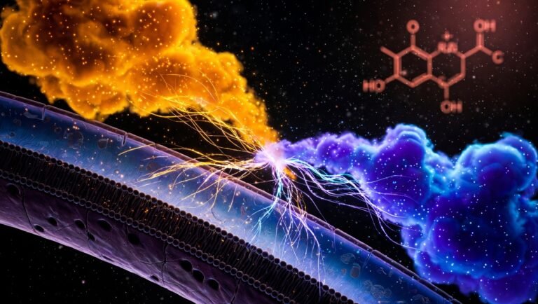 Iones magnesio (ámbar) y potasio (violeta) estabilizando potencial de membrana neuronal con molécula de cortisol atenuada sobre fondo oscuro.
