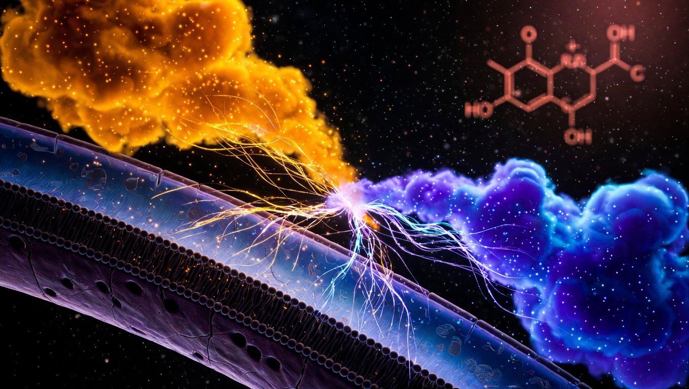 Iones magnesio (ámbar) y potasio (violeta) estabilizando potencial de membrana neuronal con molécula de cortisol atenuada sobre fondo oscuro.